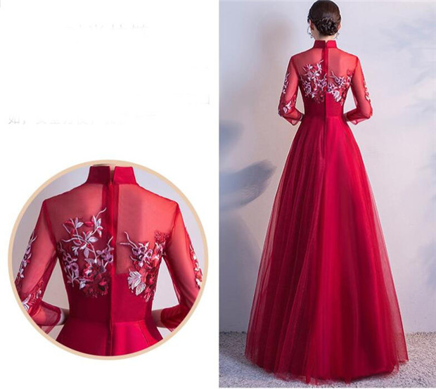 ドレス 大人 ピアノ 発表会 結婚式 母親 7分袖 ロングドレス ワンピース パーティ袖付き 刺繍 Aライン チャイナドレス パーティー 