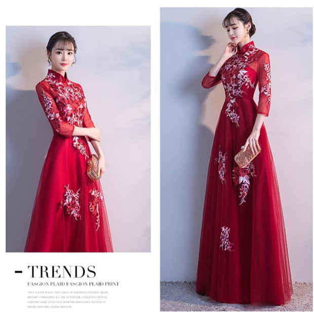 ドレス 大人 ピアノ 発表会 結婚式 母親 7分袖 ロングドレス ワンピース パーティ袖付き 刺繍 Aライン チャイナドレス パーティー 