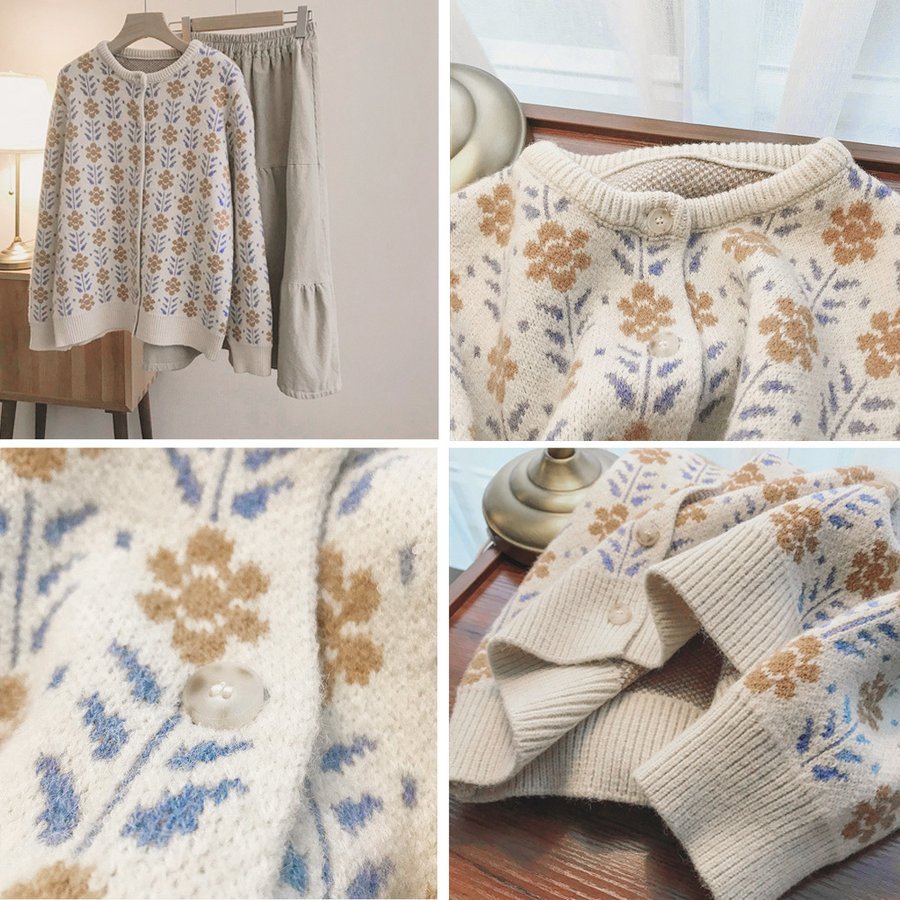 ニットカーディガン レディース コーディガン 羽織り カーデ カーディ ジャガード ゆったり 花柄 長袖 オーバーサイズ秋冬 シンプル 