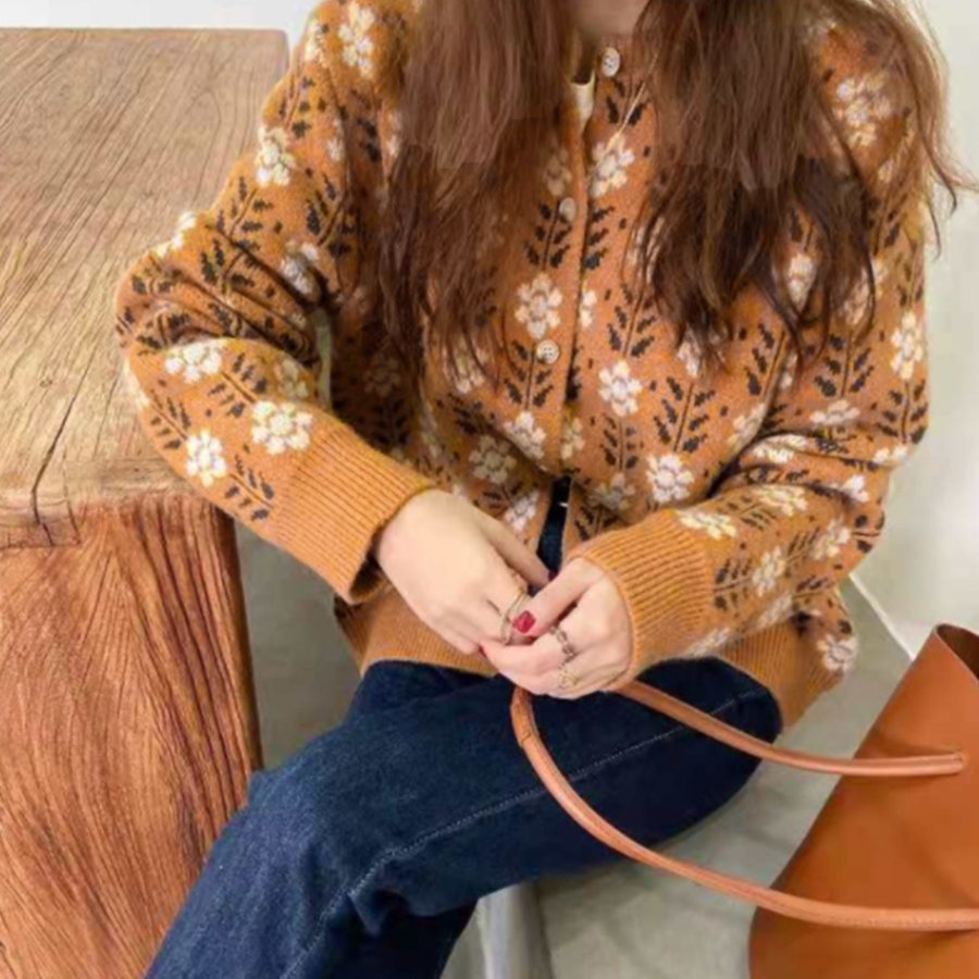 ニットカーディガン レディース コーディガン 羽織り カーデ カーディ ジャガード ゆったり 花柄 長袖 オーバーサイズ秋冬 シンプル 