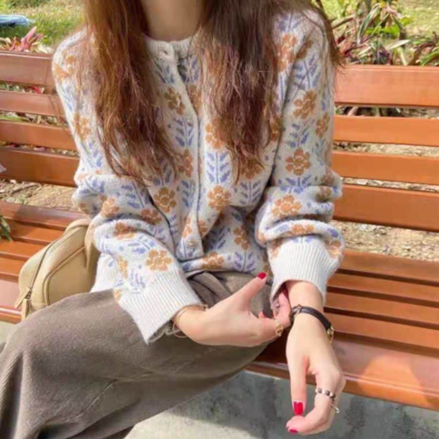 ニットカーディガン レディース コーディガン 羽織り カーデ カーディ ジャガード ゆったり 花柄 長袖 オーバーサイズ秋冬 シンプル 