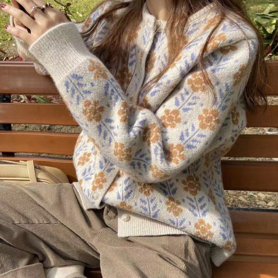 ニットカーディガン レディース コーディガン 羽織り カーデ カーディ ジャガード ゆったり 花柄 長袖 オーバーサイズ秋冬 シンプル 