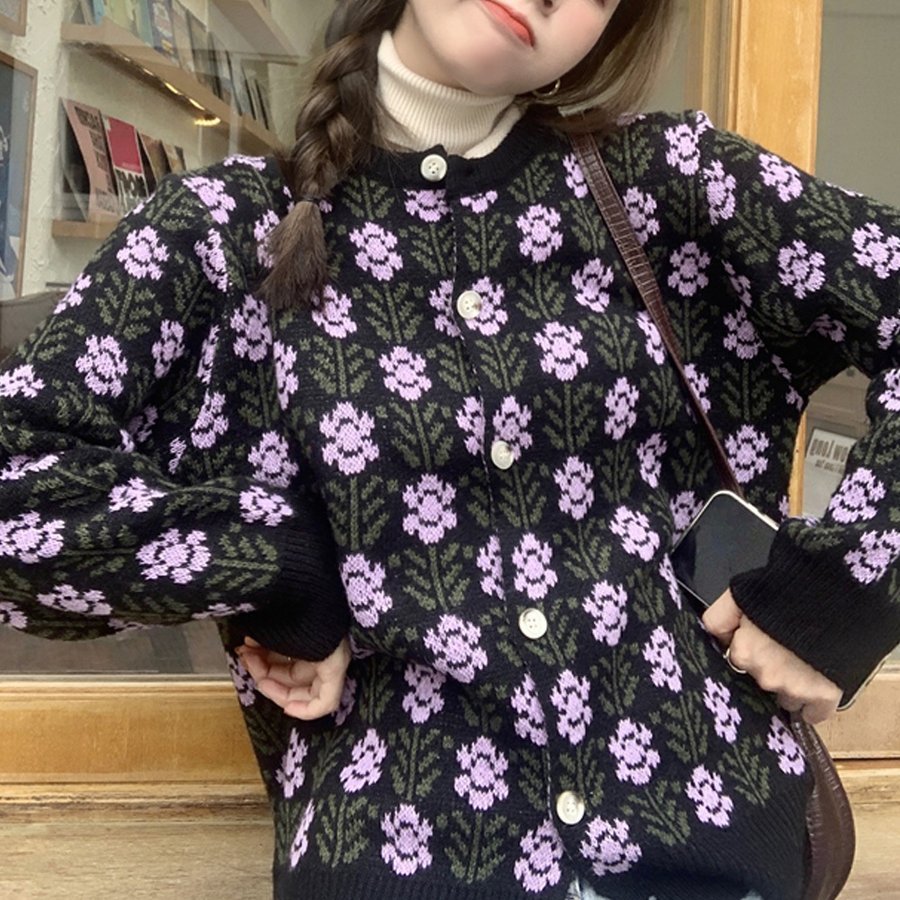 ニットカーディガン レディース コーディガン 羽織り カーデ カーディ ジャガード ゆったり 花柄 長袖 オーバーサイズ秋冬 シンプル 