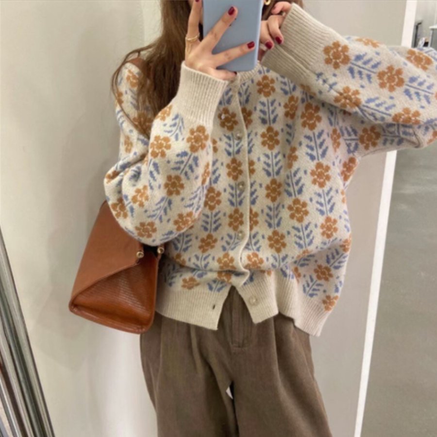ニットカーディガン レディース コーディガン 羽織り カーデ カーディ ジャガード ゆったり 花柄 長袖 オーバーサイズ秋冬 シンプル 