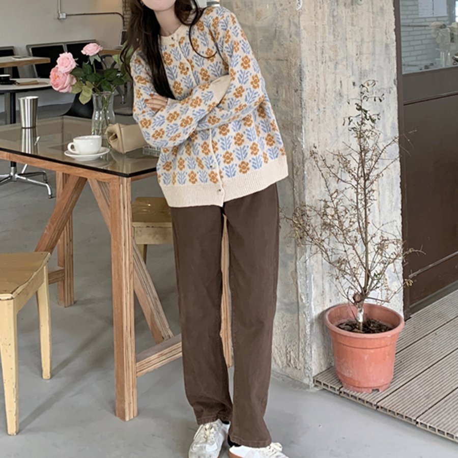 ニットカーディガン レディース コーディガン 羽織り カーデ カーディ ジャガード ゆったり 花柄 長袖 オーバーサイズ秋冬 シンプル 