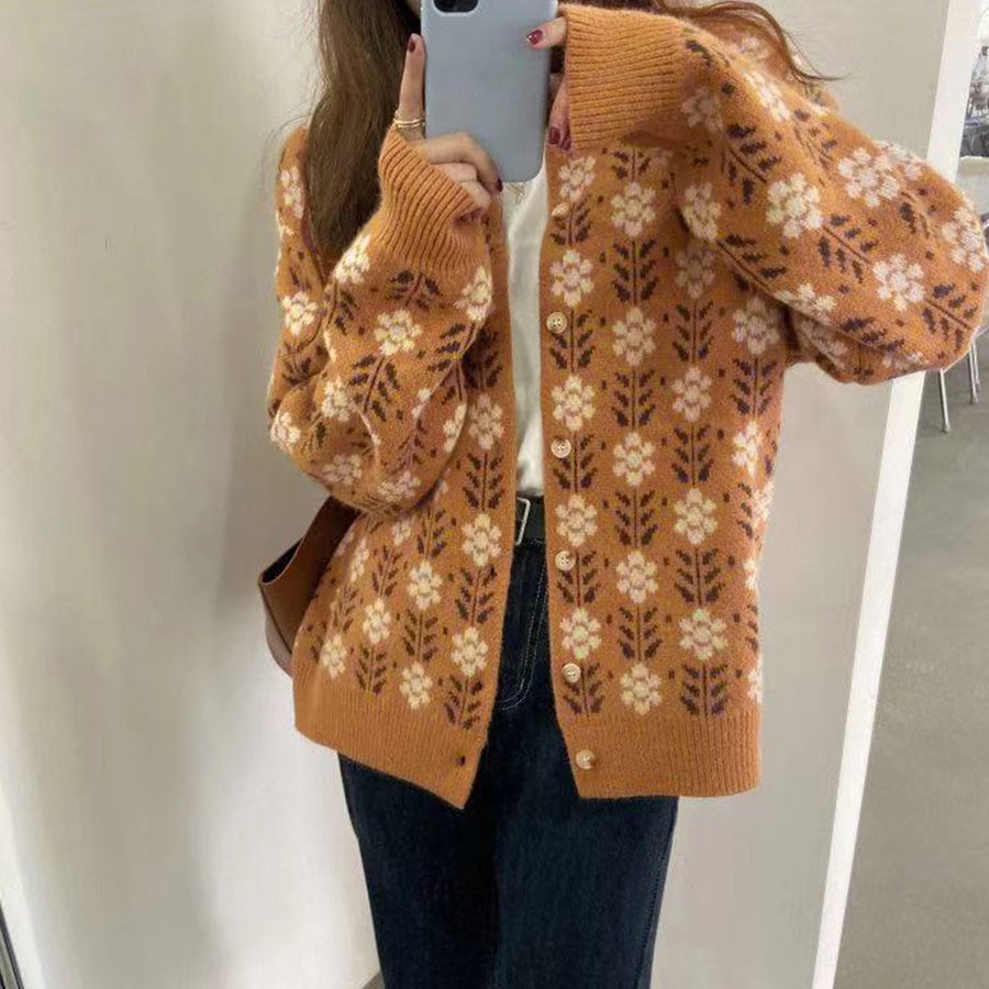 ニットカーディガン レディース コーディガン 羽織り カーデ カーディ ジャガード ゆったり 花柄 長袖 オーバーサイズ秋冬 シンプル 