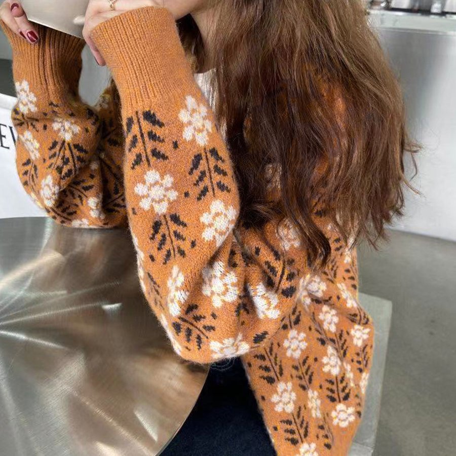 ニットカーディガン レディース コーディガン 羽織り カーデ カーディ ジャガード ゆったり 花柄 長袖 オーバーサイズ秋冬 シンプル 