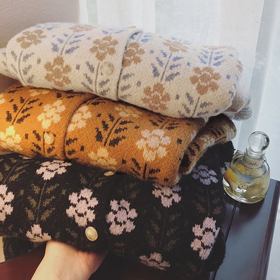 ニットカーディガン レディース コーディガン 羽織り カーデ カーディ ジャガード ゆったり 花柄 長袖 オーバーサイズ秋冬 シンプル 