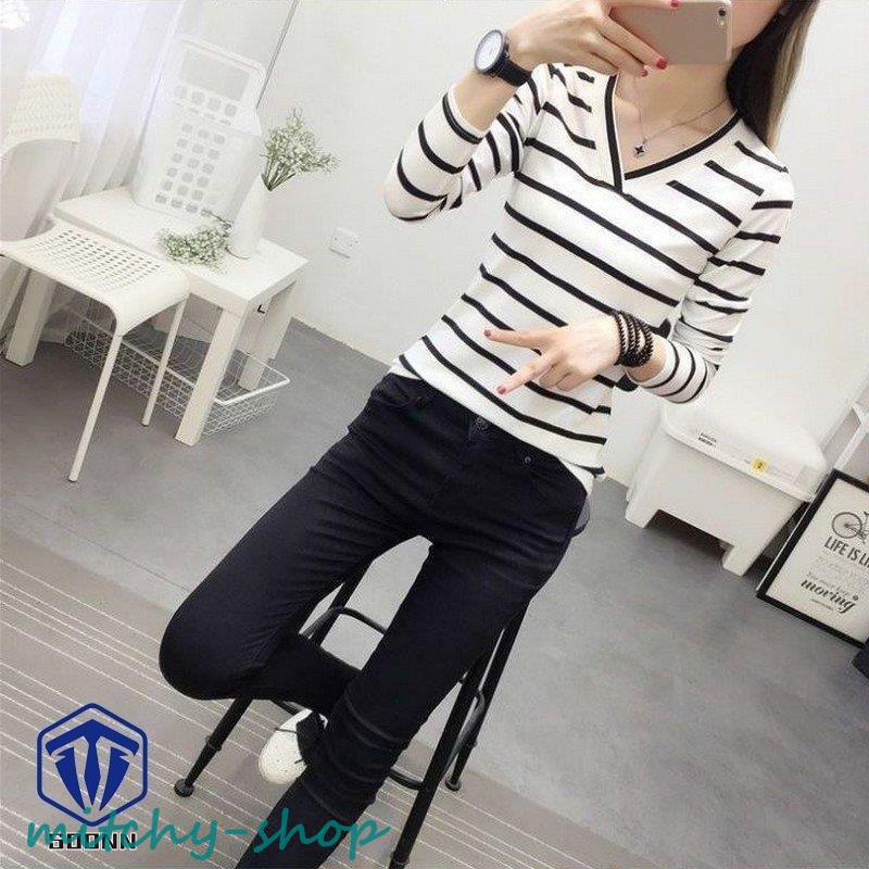 長袖カットソー レディース 婦人服 トップス ロングTシャツ ロンT Vネック ボーダー柄 かわいい カジュアル デイ普段使い おしゃれ 縞模様 