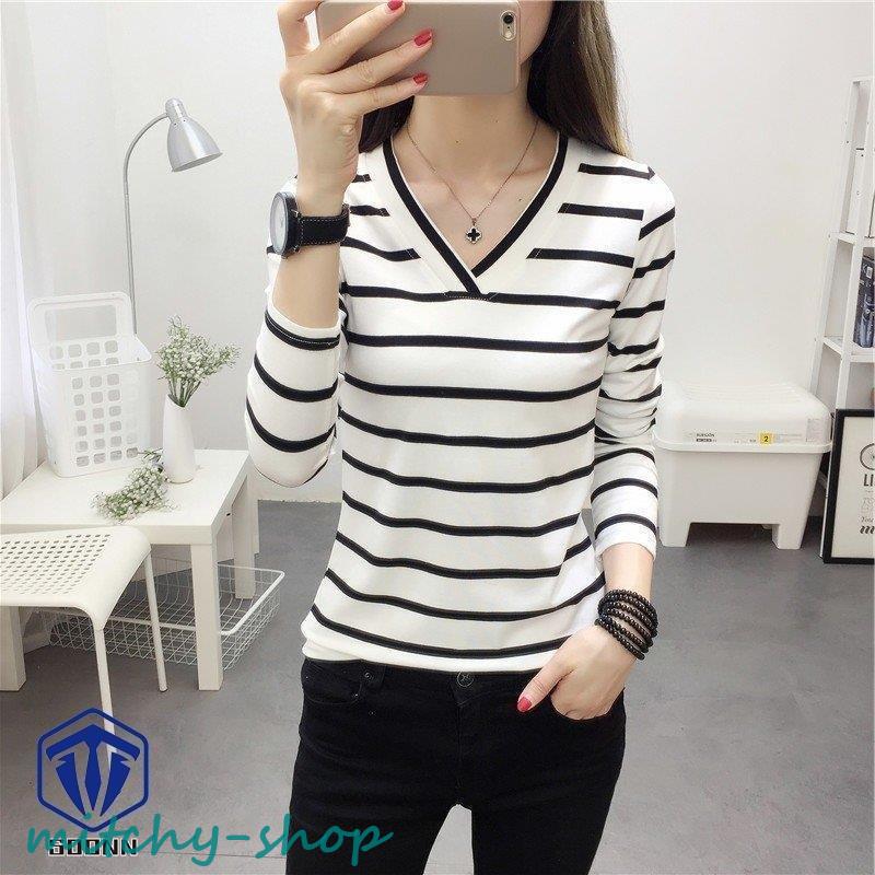 長袖カットソー レディース 婦人服 トップス ロングTシャツ ロンT Vネック ボーダー柄 かわいい カジュアル デイ普段使い おしゃれ 縞模様 