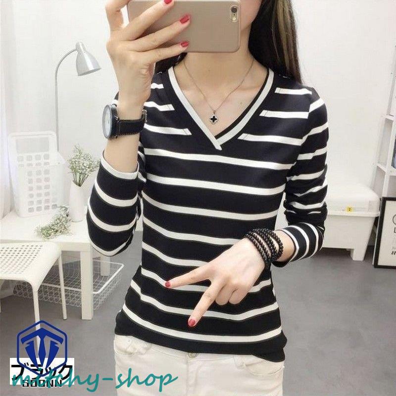 長袖カットソー レディース 婦人服 トップス ロングTシャツ ロンT Vネック ボーダー柄 かわいい カジュアル デイ普段使い おしゃれ 縞模様 