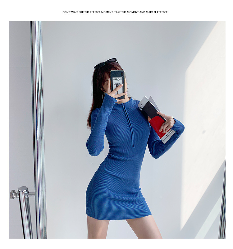 ニットワンピース レディース 長袖 無地 指穴付き 秋冬 着痩せ きれいめ セクシー ボディコン 前ジップ付き インナーワンピ ストレッチ ミニ丈 タイトワンピース
