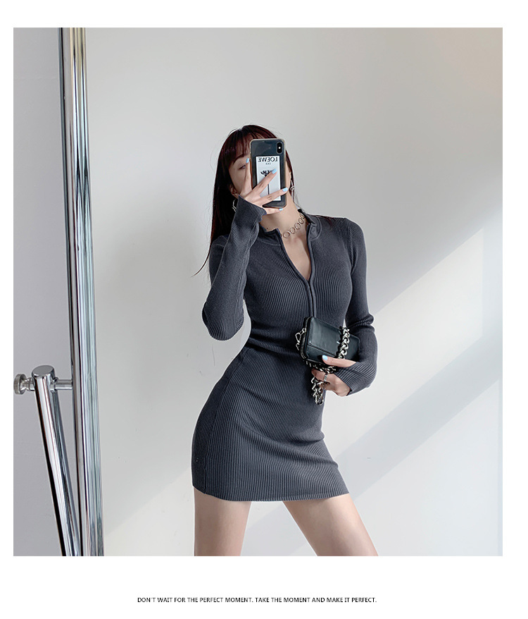 ニットワンピース レディース 長袖 無地 指穴付き 秋冬 着痩せ きれいめ セクシー ボディコン 前ジップ付き インナーワンピ ストレッチ ミニ丈 タイトワンピース