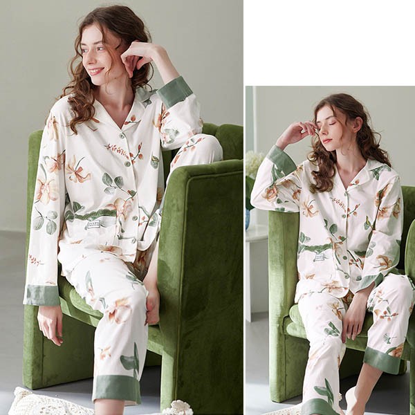 パジャマ レディース 春秋 きれいめ 長袖 上下セット ルームウェア 寝巻き 部屋着 大人 ポケット付き 前開き 花柄 ゆったり プレゼント 可愛い 