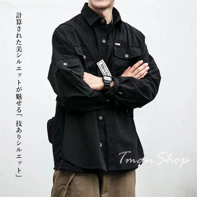 シャツジャケット メンズ ワークシャツ カジュアルシャツ ミリタリーシャツ 長袖 ビジネス かっこいい ファッション アウター 秋服 無地 大人春服 お洒落 