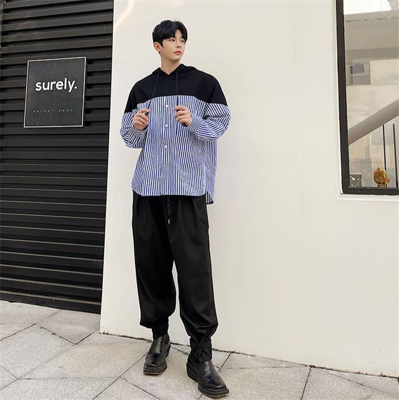 メンズ カジュアルシャツ 長袖 ストライプ 上着 プルオーバー ゆったり 春秋 男子トップス スタイリッシュ フードあり 通学 通勤 クラブ 