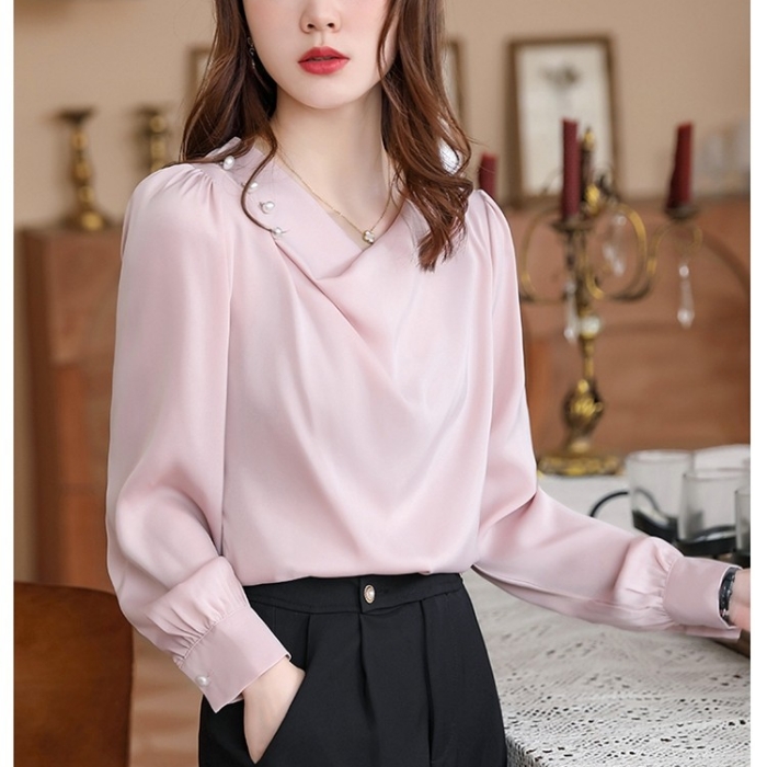 レディース シャツ エレガントオフィスシャツ 2色選び トップス ブラウス 春夏 オシャレ カジュアル風 きれいめ 長袖 着痩 