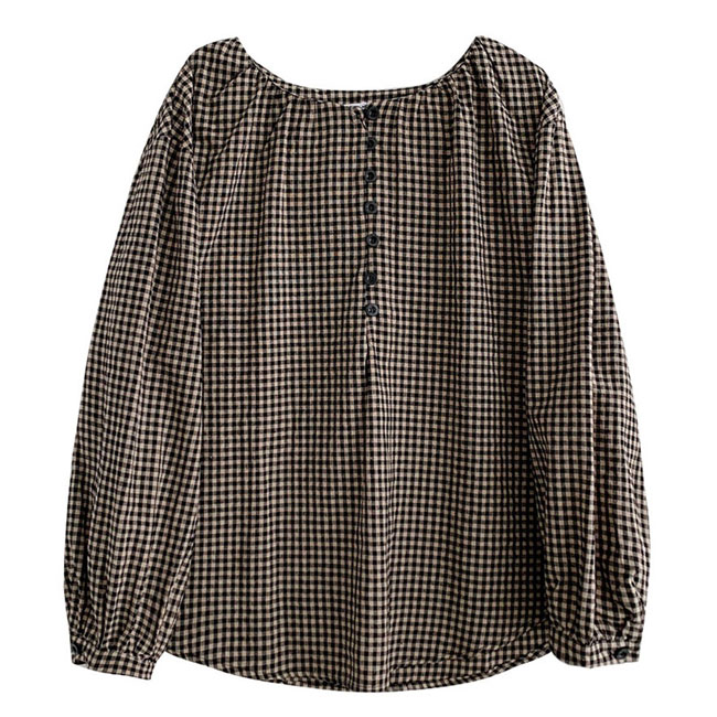 送料無料 ブラウス 長袖 プルーオーバー レディース ギャザーブラウス チェック柄ブラウス 長袖ブラウス レトロ ギンガムチェック 春秋 ゆったり 綿混 