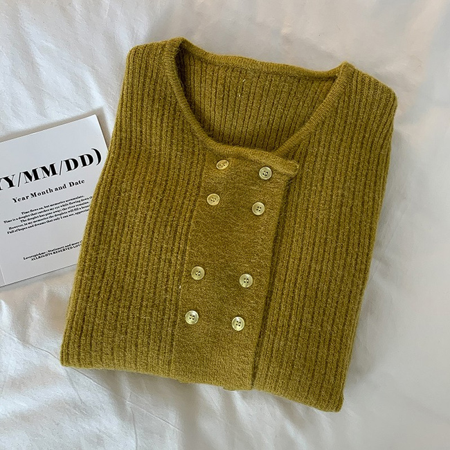 送料無料 カーディガン ダブルボタン レディース ニットカーディガン 秋 ショートカーディガン ボタンカーディガン 前開き オフィス クルーネック ニット 春 