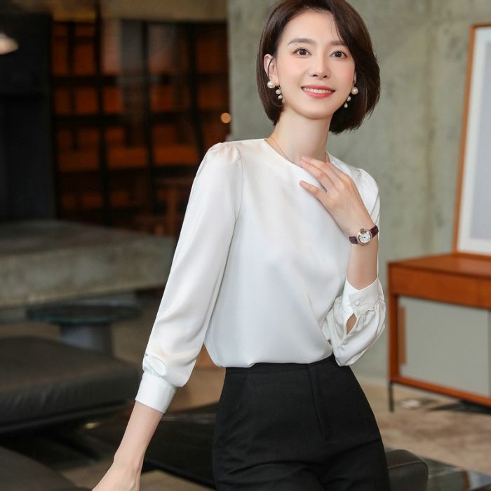 レディースシャツ オフィスシャツ 艶感有り3色選び トップス ブラウス 秋冬 カ オシャレ きれいめ 着痩 ジュアル風 