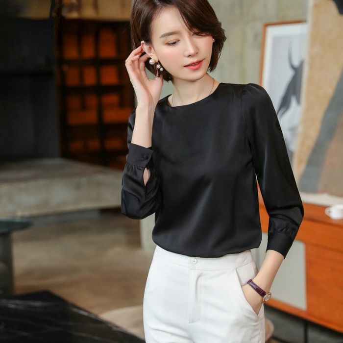 レディースシャツ オフィスシャツ 艶感有り3色選び トップス ブラウス 秋冬 カ オシャレ きれいめ 着痩 ジュアル風 