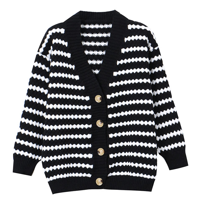送料無料 カーデ レディース カーディガン 厚手ニット ボーダー 体型カバー ニットカーディガン ボタンカーディガン Vネック 春秋 ゆったり 厚手 白黒ボーダー 
