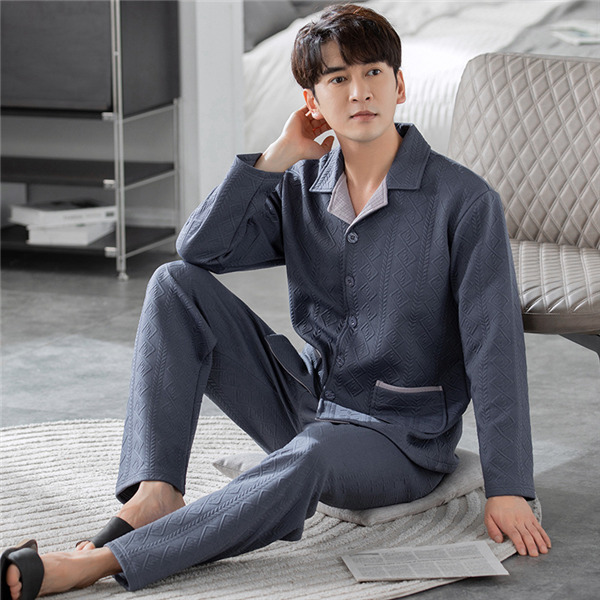 メンズ パジャマ キルトパジャマ 中綿 前開き ルームウェア 上下セット 部屋着 保温 秋冬 セットアップ 襟付き チェック柄 長袖長ズボン 寝間着 