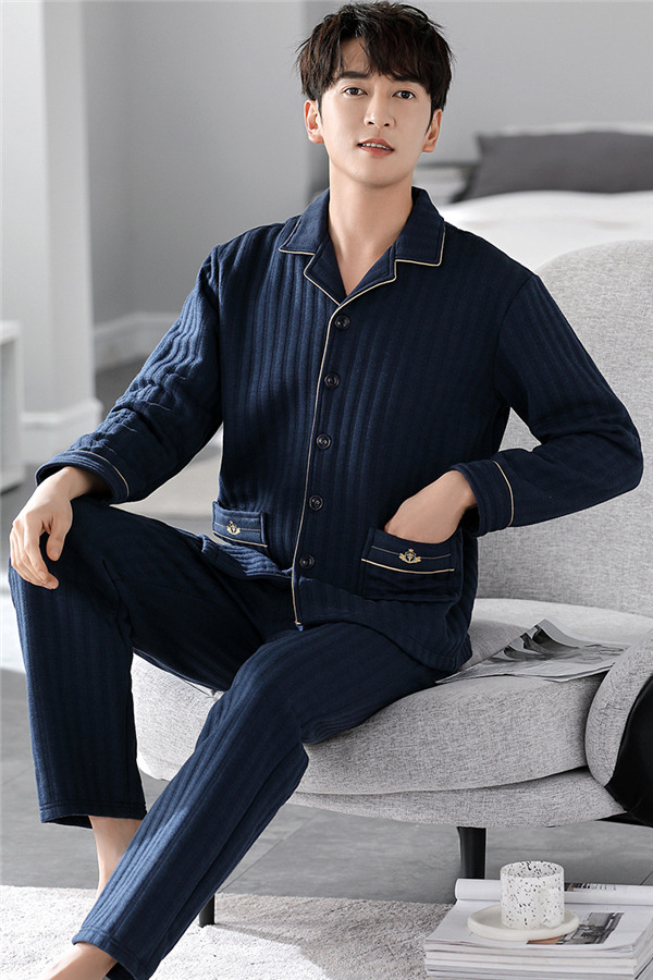 メンズ パジャマ キルトパジャマ 中綿 前開き ルームウェア 上下セット 部屋着 保温 秋冬 セットアップ 襟付き チェック柄 長袖長ズボン 寝間着 