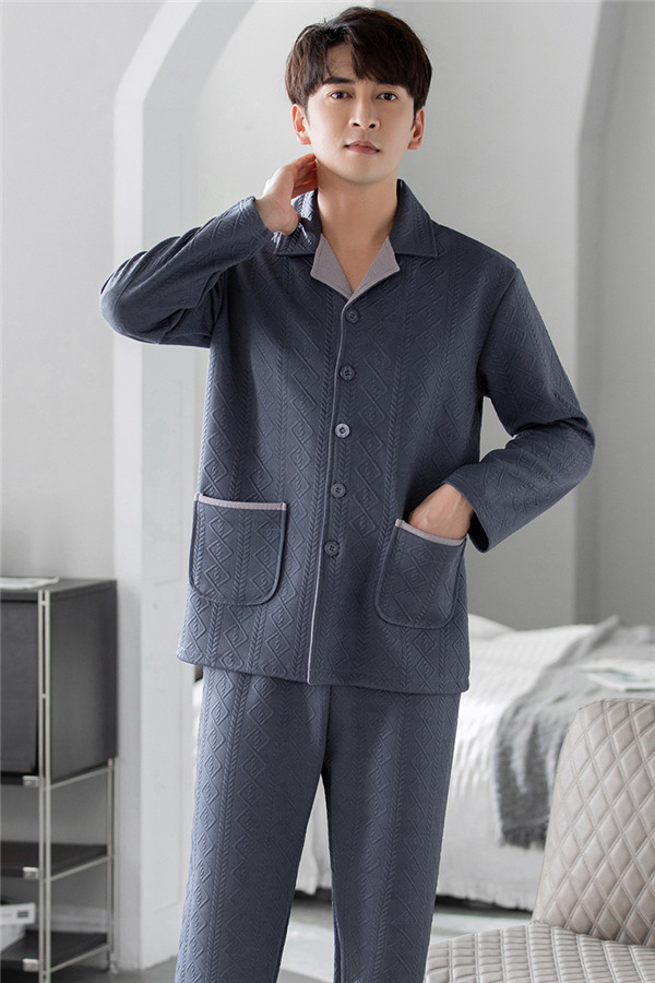 メンズ パジャマ キルトパジャマ 中綿 前開き ルームウェア 上下セット 部屋着 保温 秋冬 セットアップ 襟付き チェック柄 長袖長ズボン 寝間着 