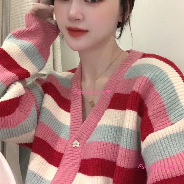 ニットカーディガン レディース 秋冬 40代 長袖ニットコーディガン ボーダー配色Vネックカーディガン ショット丈セーター おしゃれ ゆったりアウター 大人 
