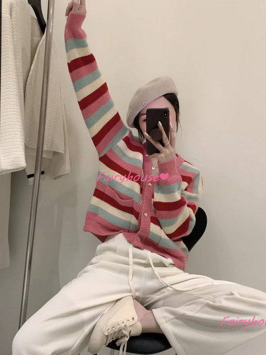 ニットカーディガン レディース 秋冬 40代 長袖ニットコーディガン ボーダー配色Vネックカーディガン ショット丈セーター おしゃれ ゆったりアウター 大人 