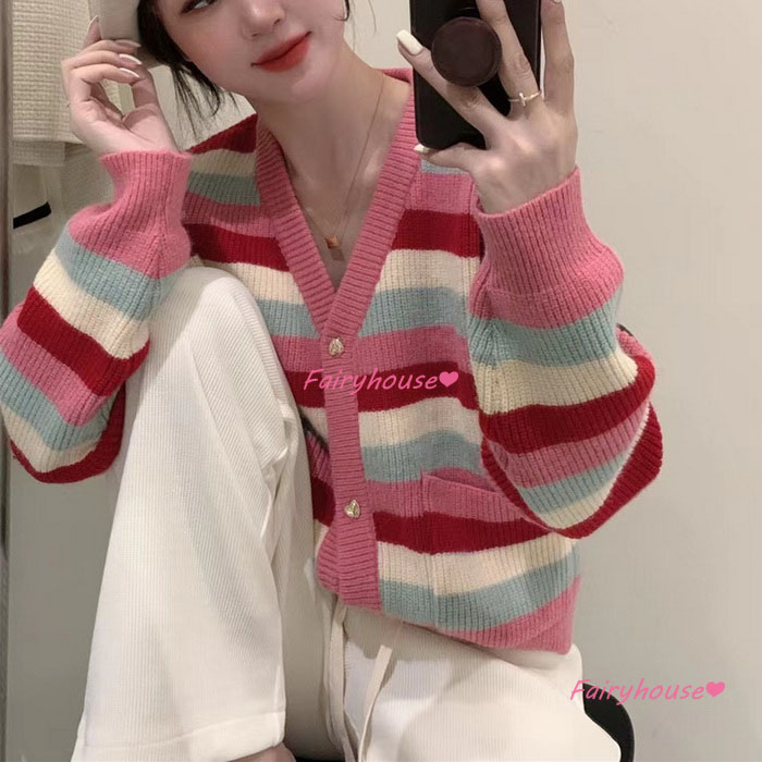 ニットカーディガン レディース 秋冬 40代 長袖ニットコーディガン ボーダー配色Vネックカーディガン ショット丈セーター おしゃれ ゆったりアウター 大人 