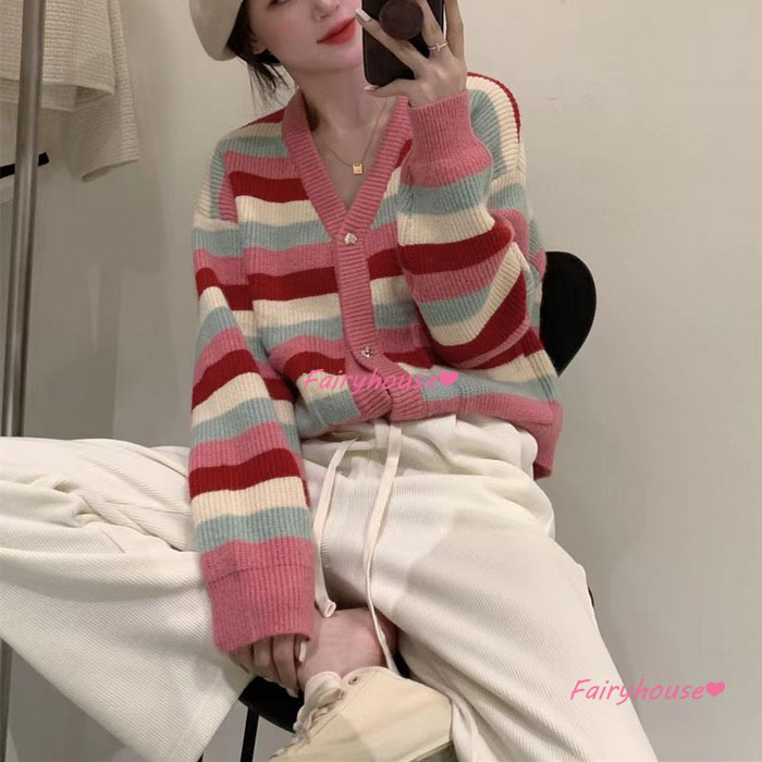 ニットカーディガン レディース 秋冬 40代 長袖ニットコーディガン ボーダー配色Vネックカーディガン ショット丈セーター おしゃれ ゆったりアウター 大人 