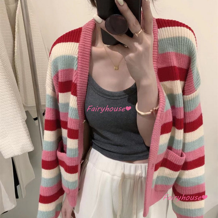 ニットカーディガン レディース 秋冬 40代 長袖ニットコーディガン ボーダー配色Vネックカーディガン ショット丈セーター おしゃれ ゆったりアウター 大人 