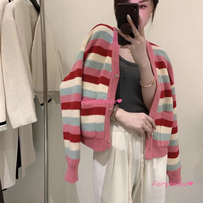 ニットカーディガン レディース 秋冬 40代 長袖ニットコーディガン ボーダー配色Vネックカーディガン ショット丈セーター おしゃれ ゆったりアウター 大人 