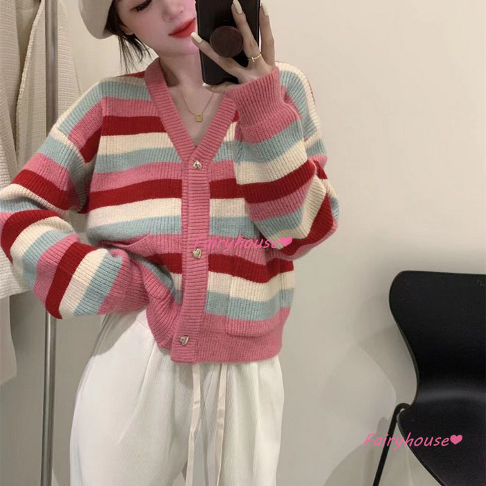 ニットカーディガン レディース 秋冬 40代 長袖ニットコーディガン ボーダー配色Vネックカーディガン ショット丈セーター おしゃれ ゆったりアウター 大人 