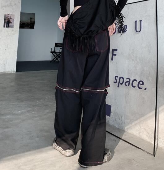 足カバー ファスナースリット 絶対領域 ロングパンツ 韓国 ストリート レディース HIPHOP K-POP 衣装 原宿系 ダンス 