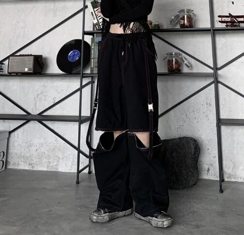 足カバー ファスナースリット 絶対領域 ロングパンツ 韓国 ストリート レディース HIPHOP K-POP 衣装 原宿系 ダンス 