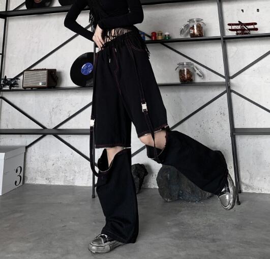 足カバー ファスナースリット 絶対領域 ロングパンツ 韓国 ストリート レディース HIPHOP K-POP 衣装 原宿系 ダンス 