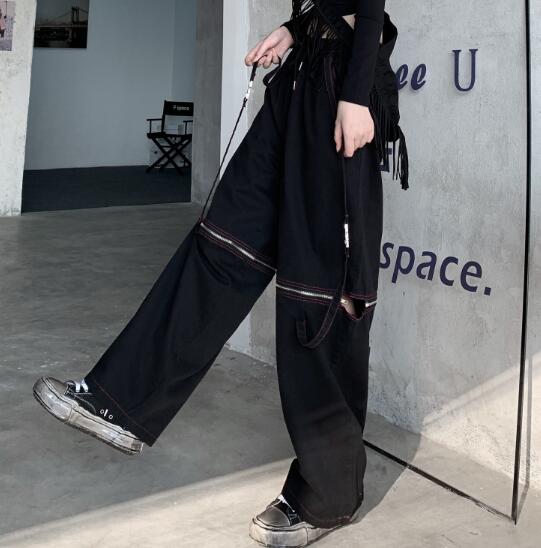 足カバー ファスナースリット 絶対領域 ロングパンツ 韓国 ストリート レディース HIPHOP K-POP 衣装 原宿系 ダンス 