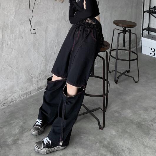 足カバー ファスナースリット 絶対領域 ロングパンツ 韓国 ストリート レディース HIPHOP K-POP 衣装 原宿系 ダンス 
