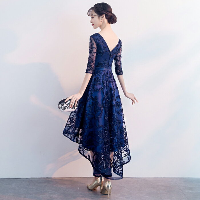 カラードレス パーティードレス 演奏会 発表会 前短後長 フォーマル ネイビー コンクール カクテルドレス コンサート Vネック フィッシュテールドレス 5分袖 