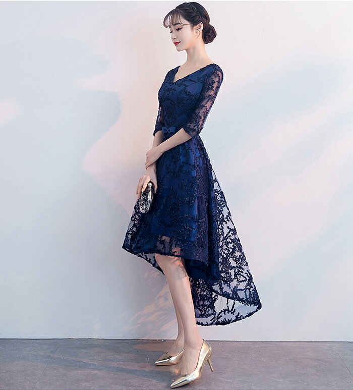 カラードレス パーティードレス 演奏会 発表会 前短後長 フォーマル ネイビー コンクール カクテルドレス コンサート Vネック フィッシュテールドレス 5分袖 