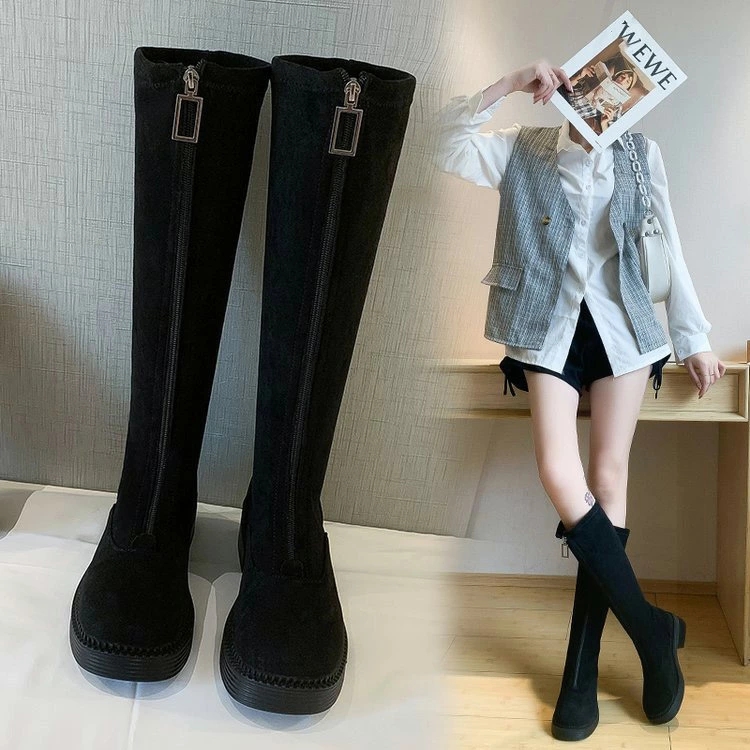 ジョッキーブーツ ニーハイブーツ ロングブーツ レディース 膝丈 靴 美脚 太ヒール 秋冬 ローヒール スエード 疲れにくい ゆったり 細見せ シンプル カジュアル 