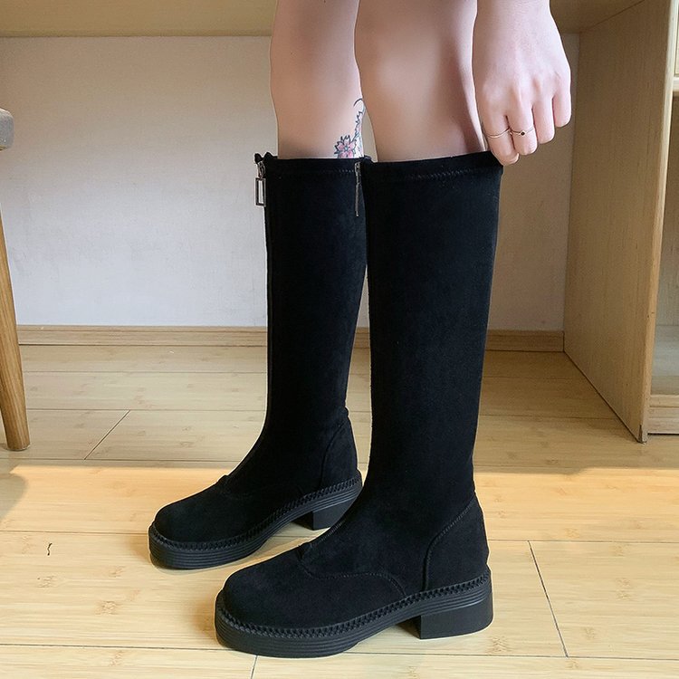 ジョッキーブーツ ニーハイブーツ ロングブーツ レディース 膝丈 靴 美脚 太ヒール 秋冬 ローヒール スエード 疲れにくい ゆったり 細見せ シンプル カジュアル 