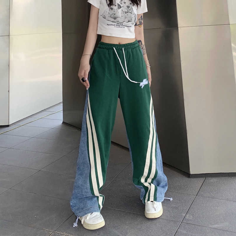 デニム 切替 ラインパンツ ジャージ 韓国 ストリート K-POP 衣装 ダンス レディース 原宿系 HIPHOP 