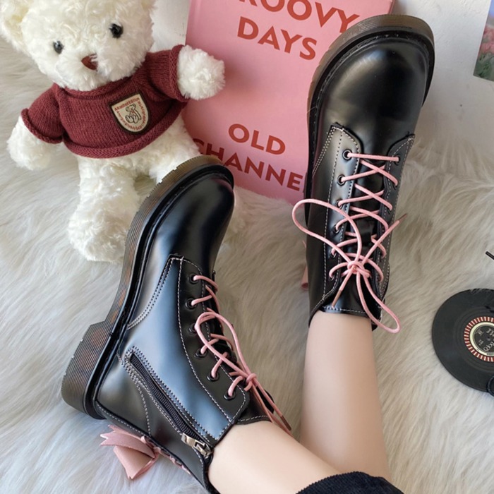 リボン バックシャン レースアップ ショートブーツ スニーカー ジッパー 歩きやすい 足長効果 厚底 疲れない 