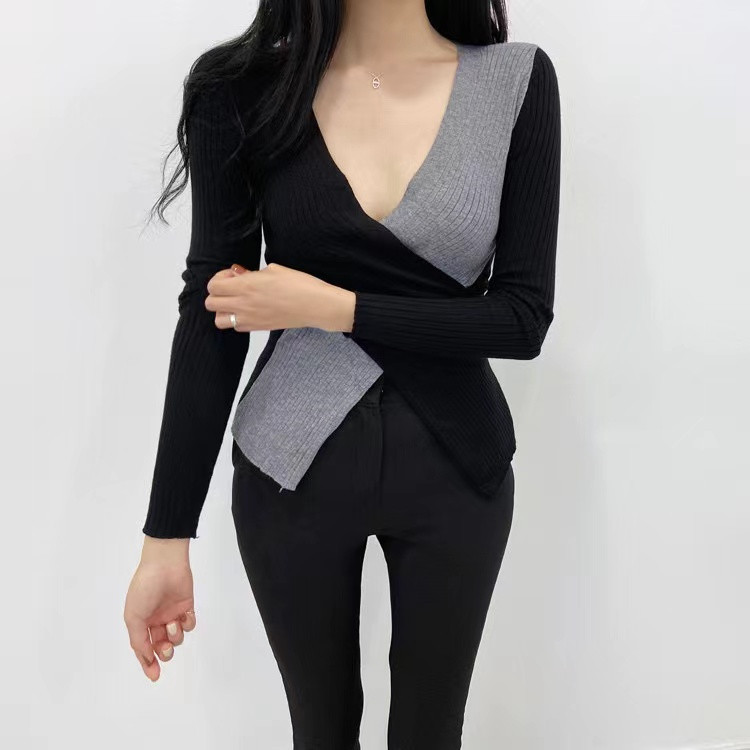 レディース ニット セーター カジュアル Vネック ストレッチ プルオーバー コーデ 色差し 長袖 着痩せ 春秋 シンプル トップス 