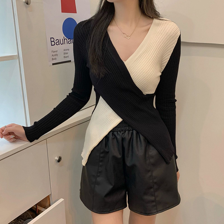 レディース ニット セーター カジュアル Vネック ストレッチ プルオーバー コーデ 色差し 長袖 着痩せ 春秋 シンプル トップス 