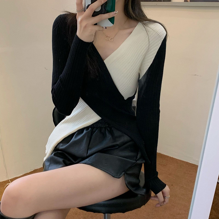 レディース ニット セーター カジュアル Vネック ストレッチ プルオーバー コーデ 色差し 長袖 着痩せ 春秋 シンプル トップス 